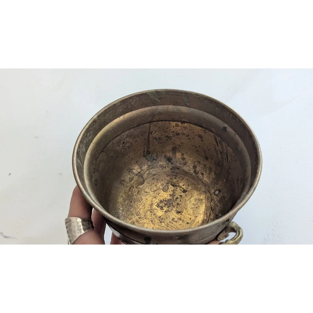Vintage Hand Crafted Brass Footed Cauldron Planter Pot Handles Made in India